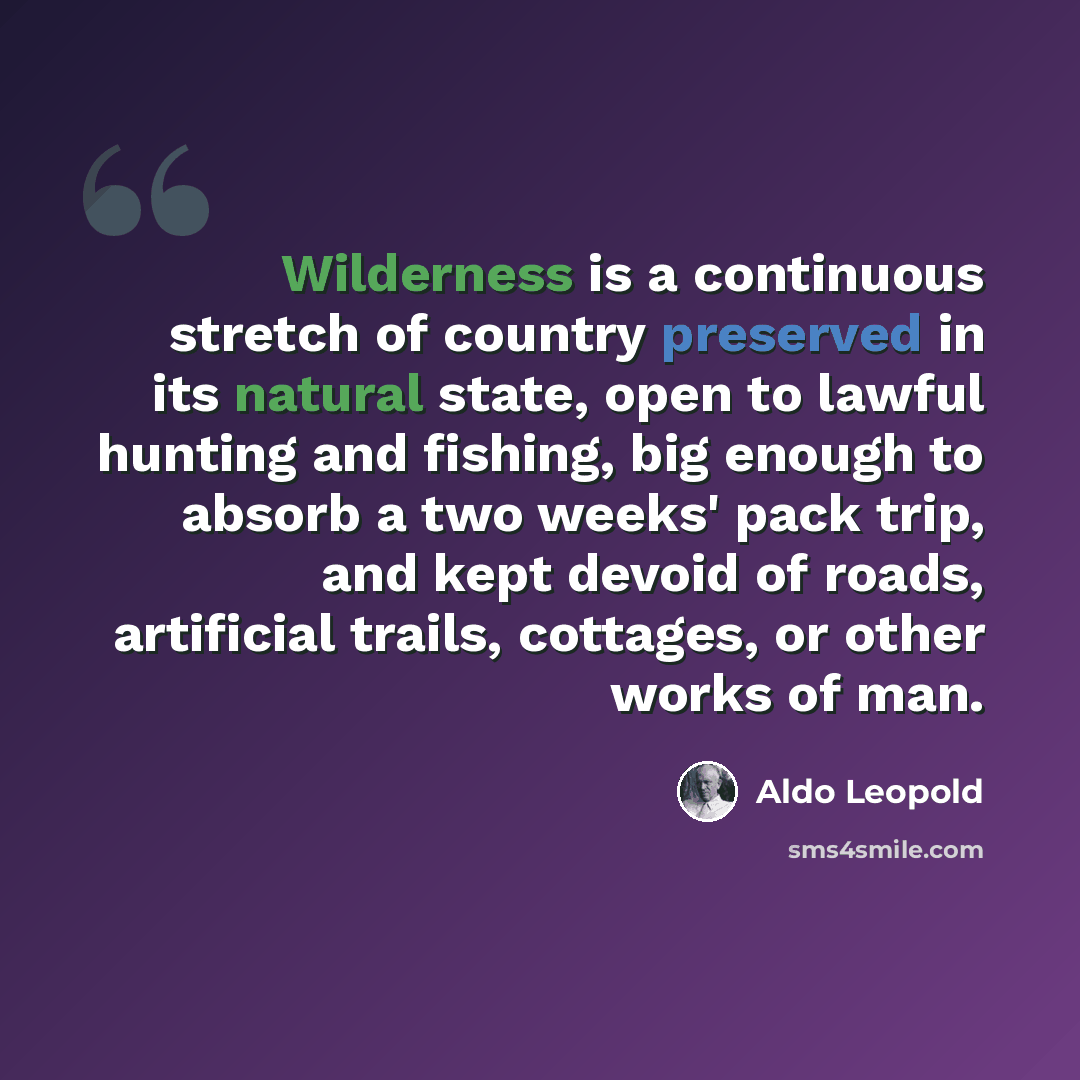 “Wilderness is a continuous stretch of country preserved in its natural state, open to lawful hunting and fishing, big enough to absorb a two weeks' pack trip, and kept devoid of roads, artificial trails, cottages, or other works of man.” quote by Aldo Leopold
