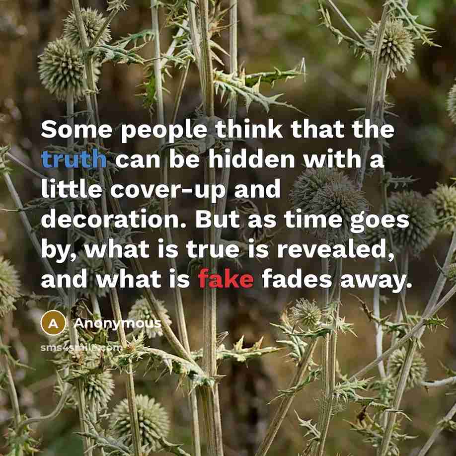 “Some people think that the truth can be hidden with a little cover-up and decoration. But as time goes by, what is true is revealed, and what is fake fades away.” quote by Anonymous