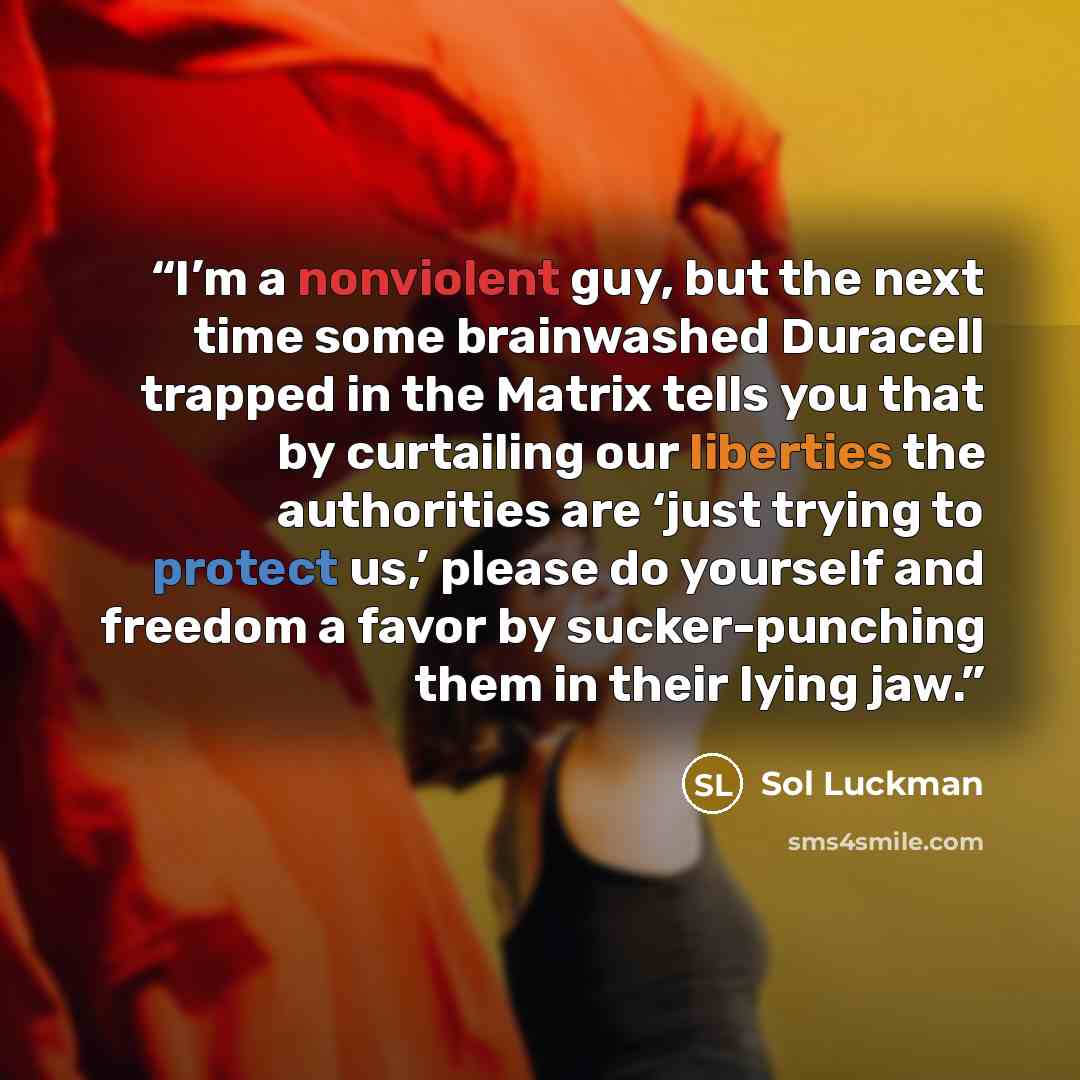“I’m a nonviolent guy, but the next time some brainwashed Duracell trapped in the Matrix tells you that by curtailing our liberties the authorities are ‘just trying to protect us,’ please do yourself and freedom a favor by sucker-punching them in their lying jaw.” quote by Sol Luckman