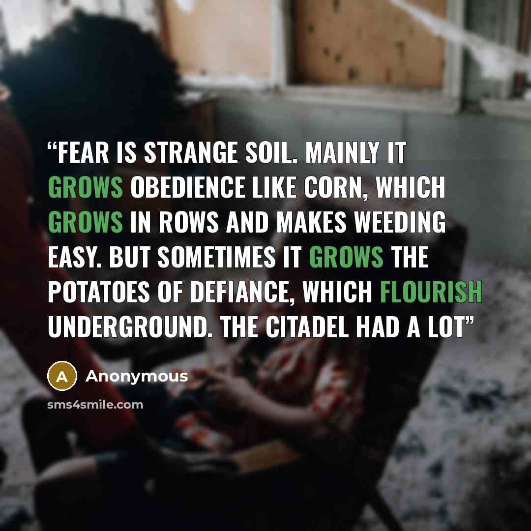 “Fear is strange soil. Mainly it grows obedience like corn, which grows in rows and makes weeding easy. But sometimes it grows the potatoes of defiance, which flourish underground. The Citadel had a lot” quote by Anonymous