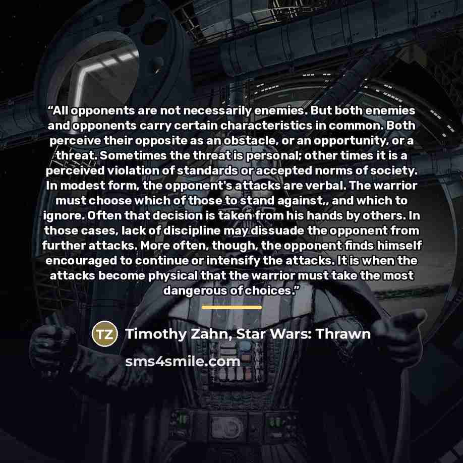 “All opponents are not necessarily enemies. But both enemies and opponents carry certain characteristics in common. Both perceive their opposite as an obstacle, or an opportunity, or a threat. Sometimes the threat is personal; other times it is a perceived violation of standards or accepted norms…” quote by Timothy Zahn, Star Wars: Thrawn