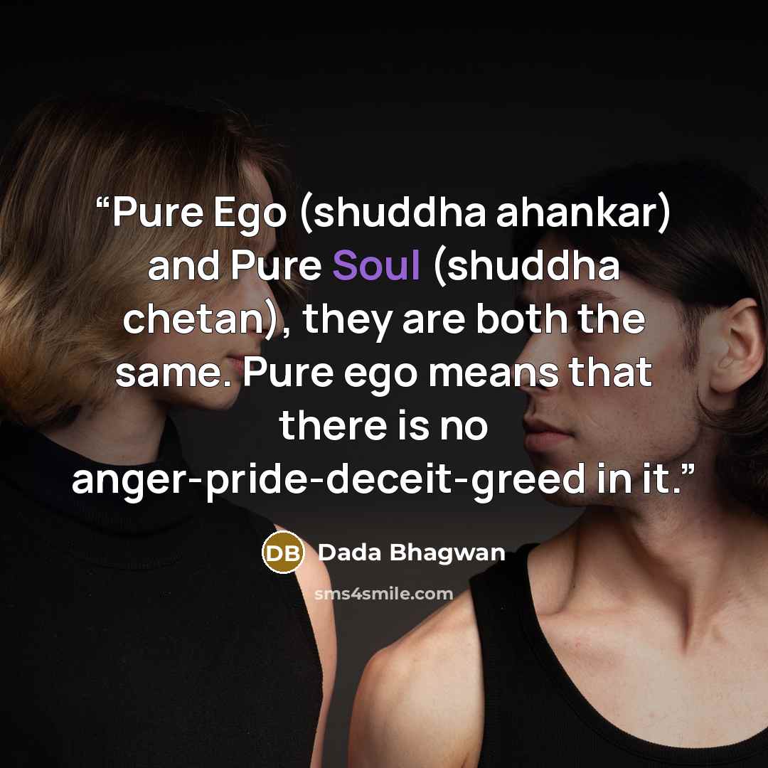 “Pure Ego (shuddha ahankar) and Pure Soul (shuddha chetan), they are both the same. Pure ego means that there is no anger-pride-deceit-greed in it.” quote by Dada Bhagwan