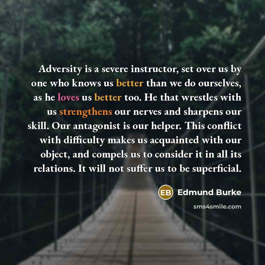 “Adversity is a severe instructor, set over us by one who knows us better than we do ourselves, as he loves us better too. He that wrestles with us strengthens our nerves and sharpens our skill. Our antagonist is our helper. This conflict with difficulty makes us acquainted with our object, and…” quote by Edmund Burke