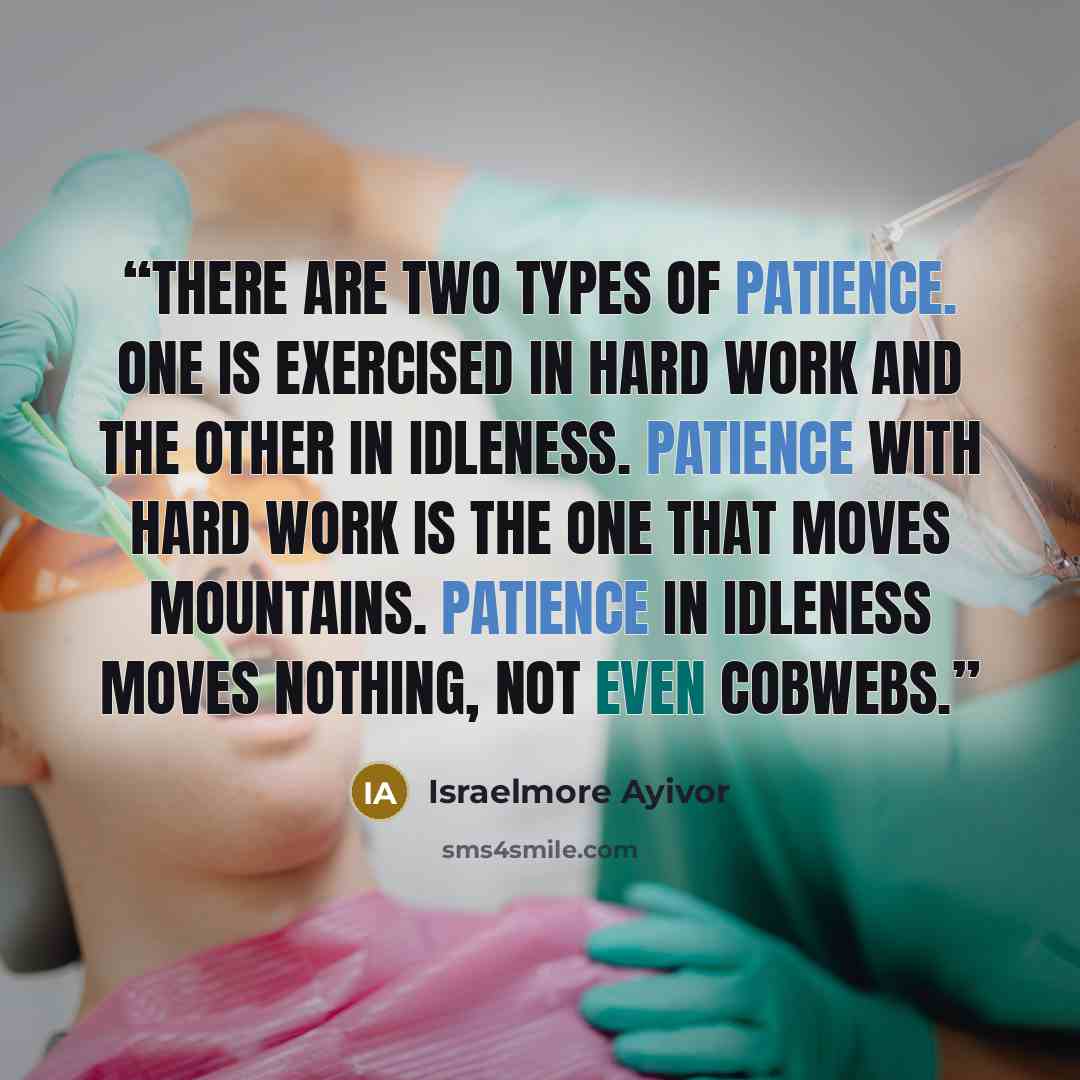 “There are two types of patience. One is exercised in hard work and the other in idleness. Patience with hard work is the one that moves mountains. Patience in idleness moves nothing, not even cobwebs.” quote by Israelmore Ayivor