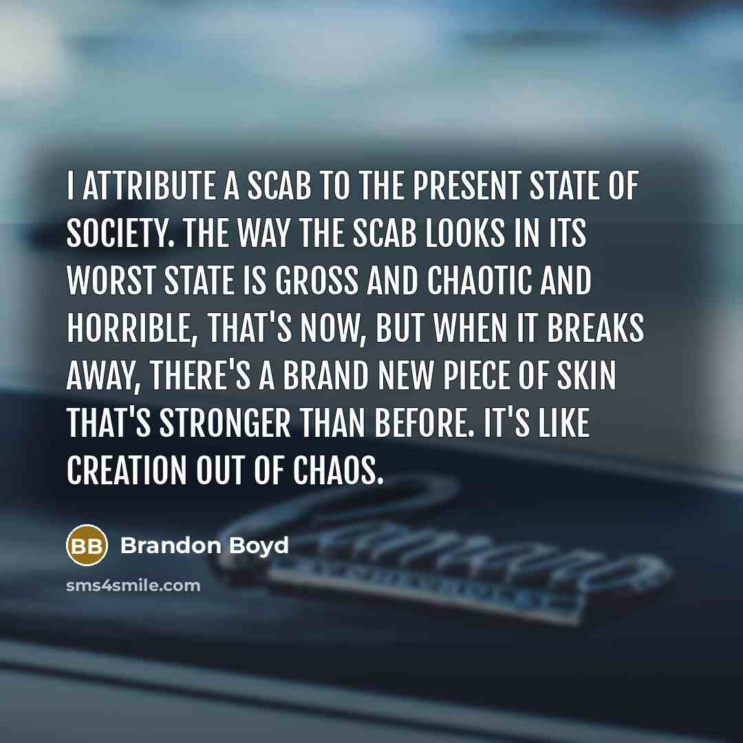 “I attribute a scab to the present state of society. The way the scab looks in its worst state is gross and chaotic and horrible, that's now, but when it breaks away, there's a brand new piece of skin that's stronger than before. It's like creation out of chaos.” quote by Brandon Boyd