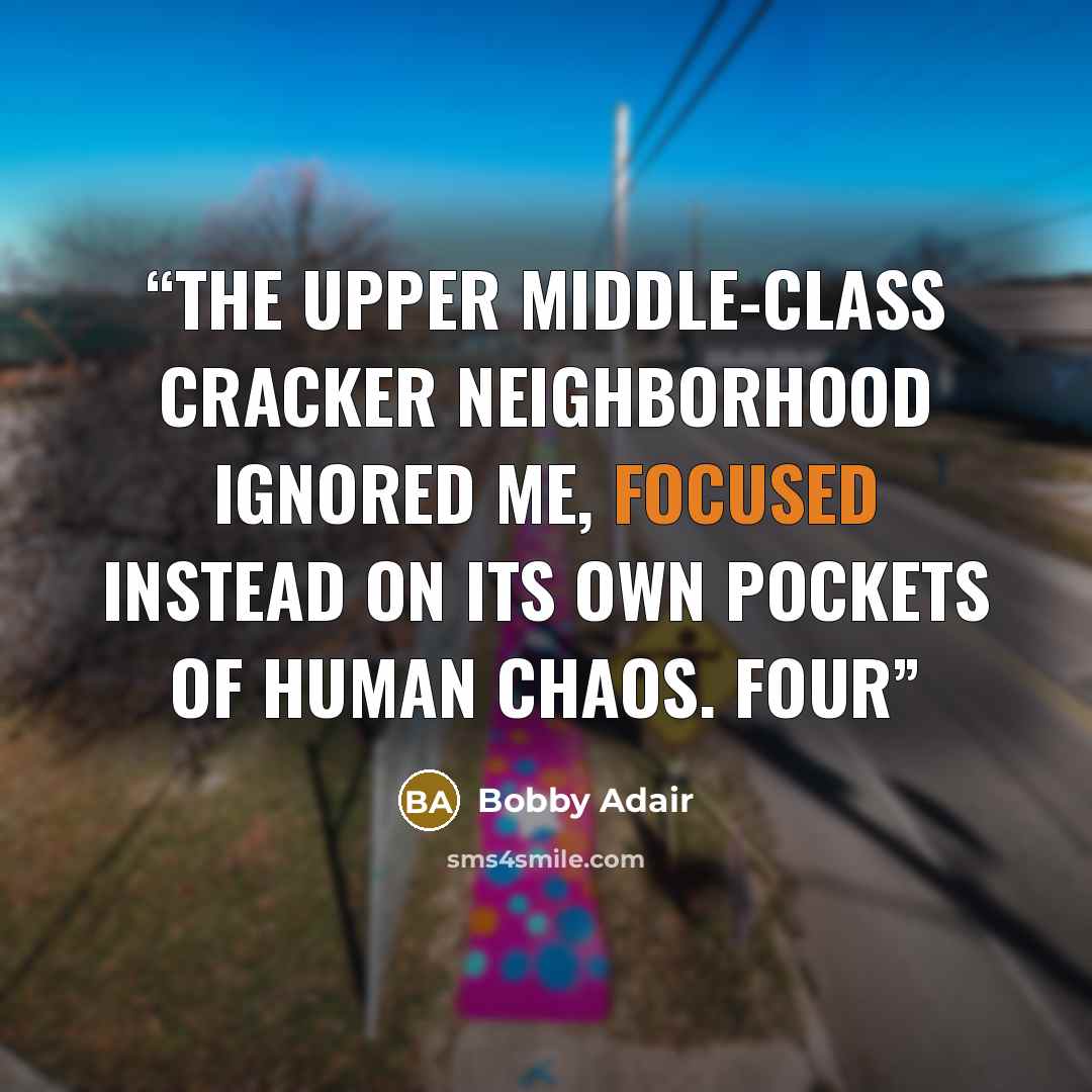 “The upper middle-class cracker neighborhood ignored me, focused instead on its own pockets of human chaos. Four” quote by Bobby Adair