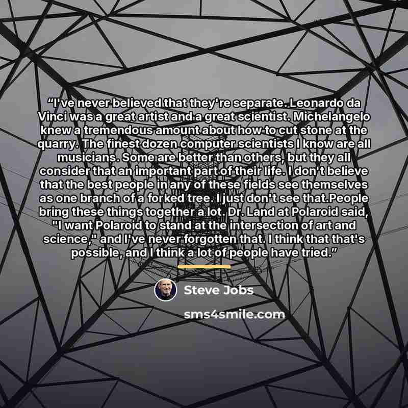 “I've never believed that they're separate. Leonardo da Vinci was a great artist and a great scientist. Michelangelo knew a tremendous amount about how to cut stone at the quarry. The finest dozen computer scientists I know are all musicians. Some are better than others, but they all consider that…” quote by Steve Jobs