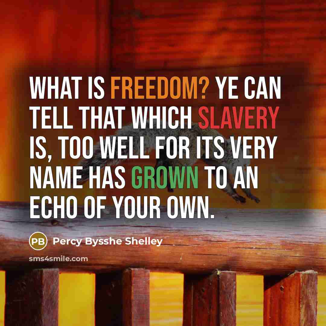“What is Freedom? ye can tell That which slavery is, too well For its very name has grown To an echo of your own.” quote by Percy Bysshe Shelley