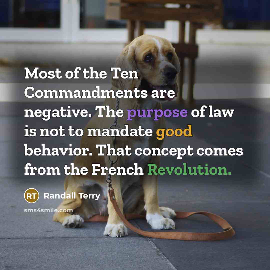 “Most of the Ten Commandments are negative. The purpose of law is not to mandate good behavior. That concept comes from the French Revolution.” quote by Randall Terry