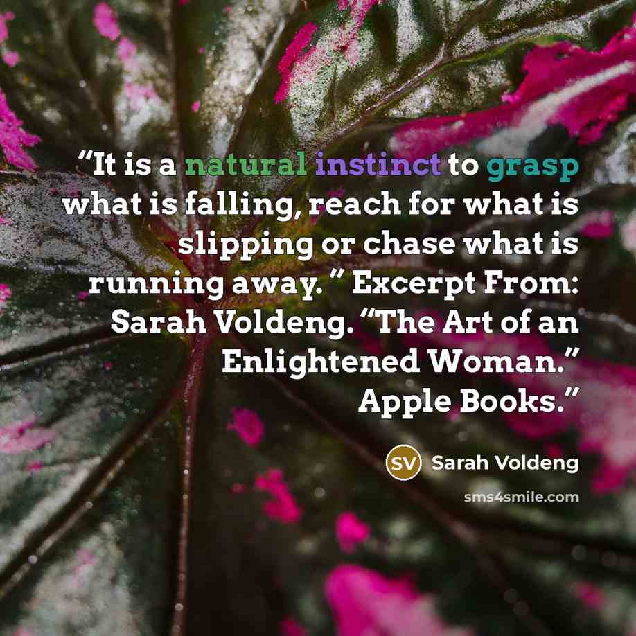 “It is a natural instinct to grasp what is falling, reach for what is slipping or chase what is running away. ” Excerpt From: Sarah Voldeng. “The Art of an Enlightened Woman.” Apple Books.” quote by Sarah Voldeng