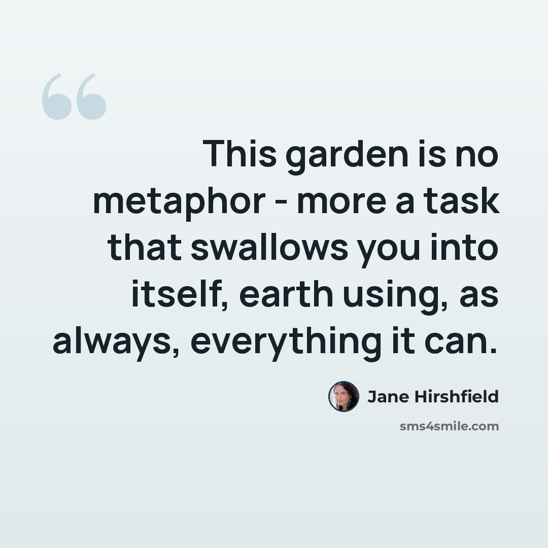 “This garden is no metaphor - more a task that swallows you into itself, earth using, as always, everything it can.” quote by Jane Hirshfield