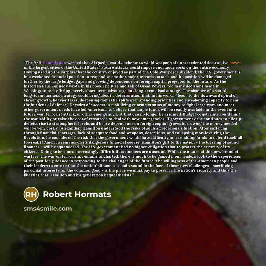 “The 9/11 Commission warned that Al Qaeda "could... scheme to wield weapons of unprecedented destructive power in the largest cities of the United States." Future attacks could impose enormous costs on the entire economy. Having used up the surplus that the country enjoyed as part of the Cold War…” quote by Robert Hormats