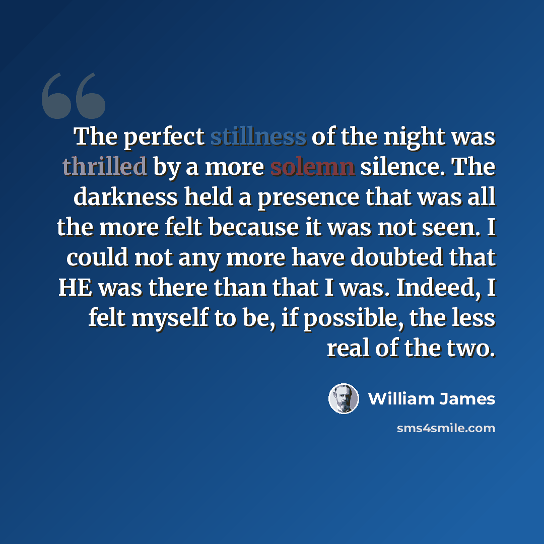 “The perfect stillness of the night was thrilled by a more solemn silence. The darkness held a presence that was all the more felt because it was not seen. I could not any more have doubted that HE was there than that I was. Indeed, I felt myself to be, if possible, the less real of the two.” quote by William James