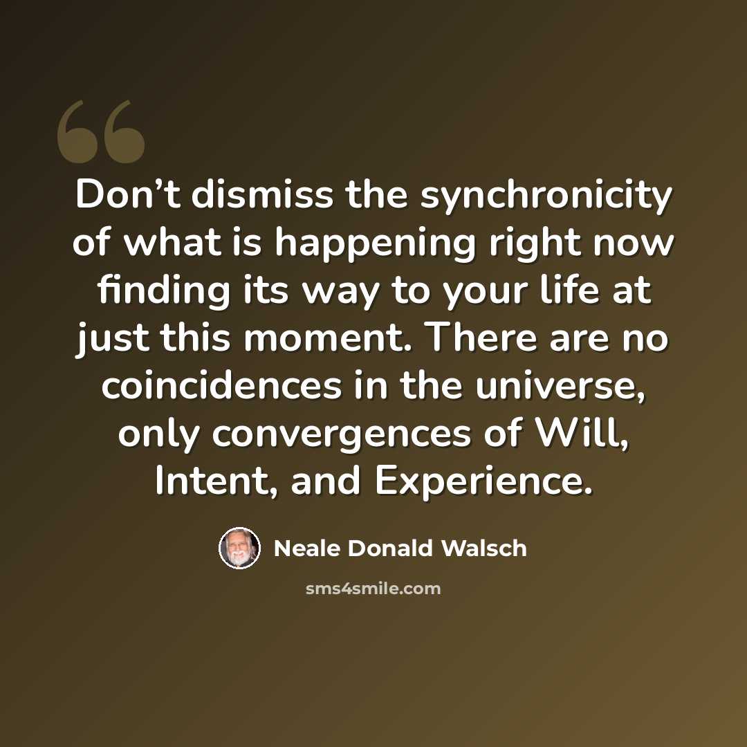 “Don’t dismiss the synchronicity of what is happening right now finding its way to your life at just this moment. There are no coincidences in the universe, only convergences of Will, Intent, and Experience.” quote by Neale Donald Walsch