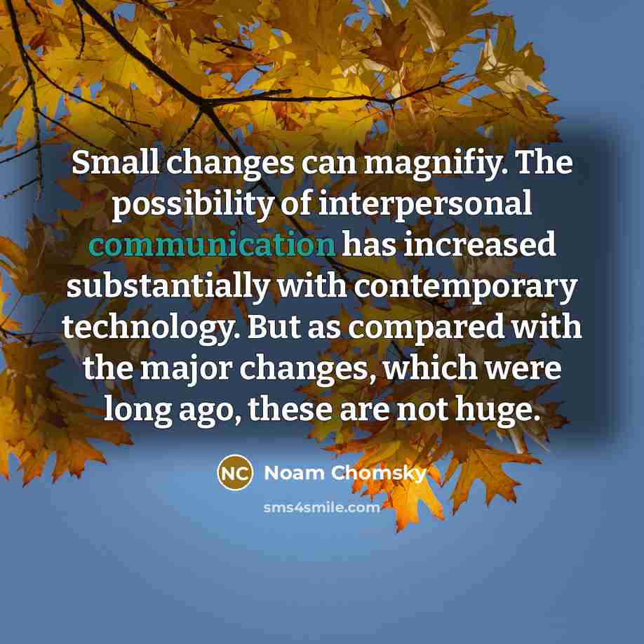 “Small changes can magnifiy. The possibility of interpersonal communication has increased substantially with contemporary technology. But as compared with the major changes, which were long ago, these are not huge.” quote by Noam Chomsky