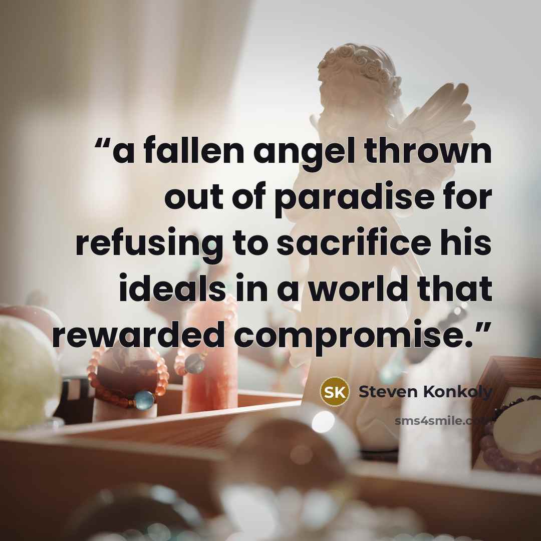 “a fallen angel thrown out of paradise for refusing to sacrifice his ideals in a world that rewarded compromise.” quote by Steven Konkoly