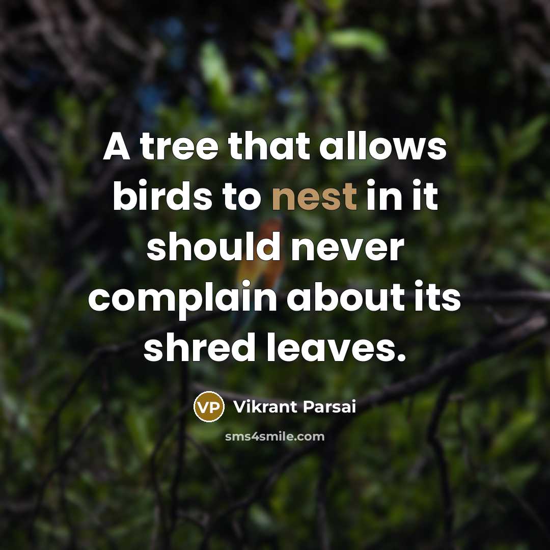 “A tree that allows birds to nest in it should never complain about its shred leaves.” quote by Vikrant Parsai