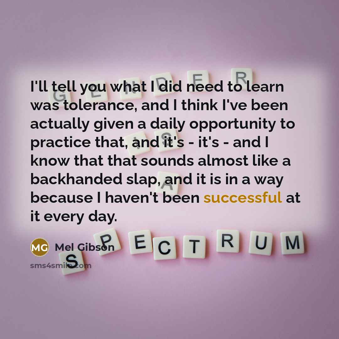 “I'll tell you what I did need to learn was tolerance, and I think I've been actually given a daily opportunity to practice that, and it's - it's - and I know that that sounds almost like a backhanded slap, and it is in a way because I haven't been successful at it every day.” quote by Mel Gibson