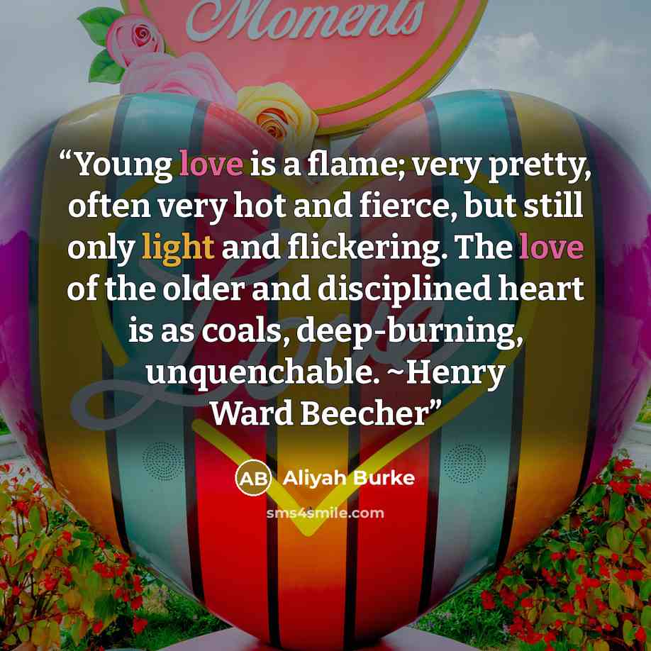 “Young love is a flame; very pretty, often very hot and fierce, but still only light and flickering. The love of the older and disciplined heart is as coals, deep-burning, unquenchable. ~Henry Ward Beecher” quote by Aliyah Burke