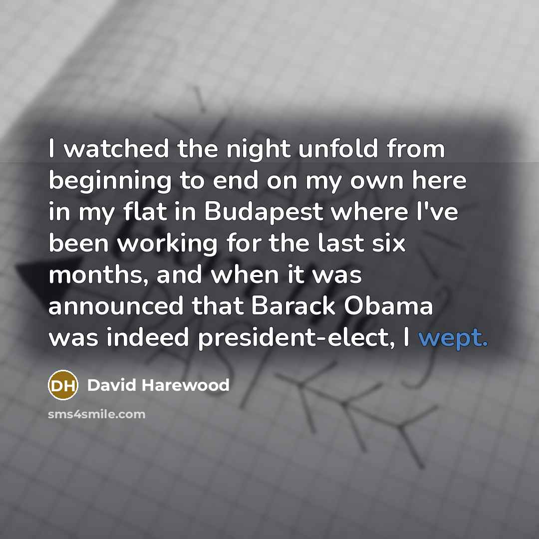 “I watched the night unfold from beginning to end on my own here in my flat in Budapest where I've been working for the last six months, and when it was announced that Barack Obama was indeed president-elect, I wept.” quote by David Harewood