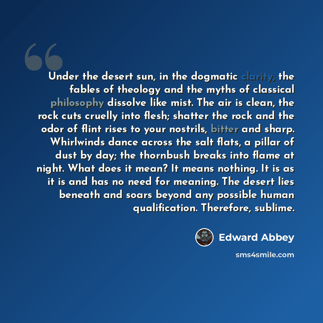 “Under the desert sun, in the dogmatic clarity, the fables of theology and the myths of classical philosophy dissolve like mist. The air is clean, the rock cuts cruelly into flesh; shatter the rock and the odor of flint rises to your nostrils, bitter and sharp. Whirlwinds dance across the salt…” quote by Edward Abbey