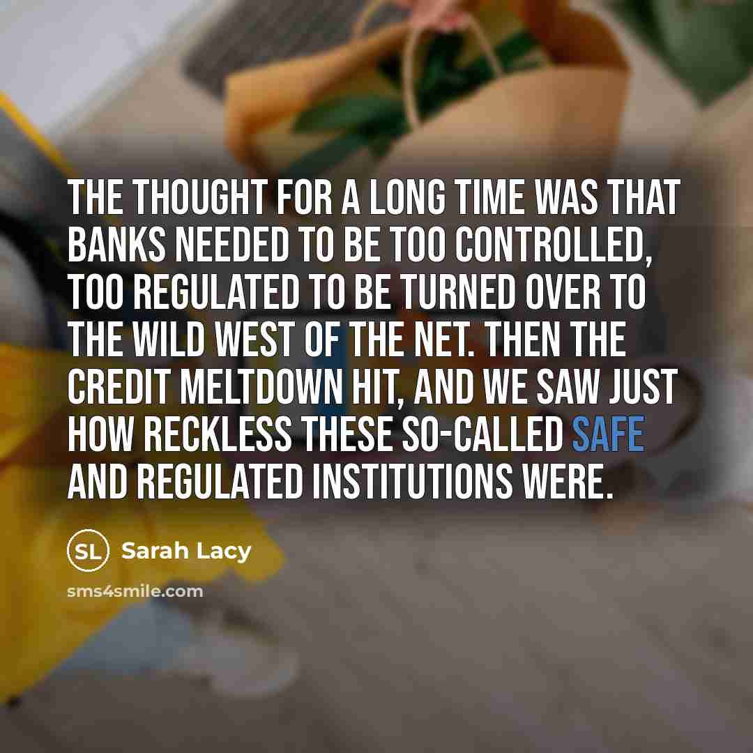 “The thought for a long time was that banks needed to be too controlled, too regulated to be turned over to the Wild West of the Net. Then the credit meltdown hit, and we saw just how reckless these so-called safe and regulated institutions were.” quote by Sarah Lacy