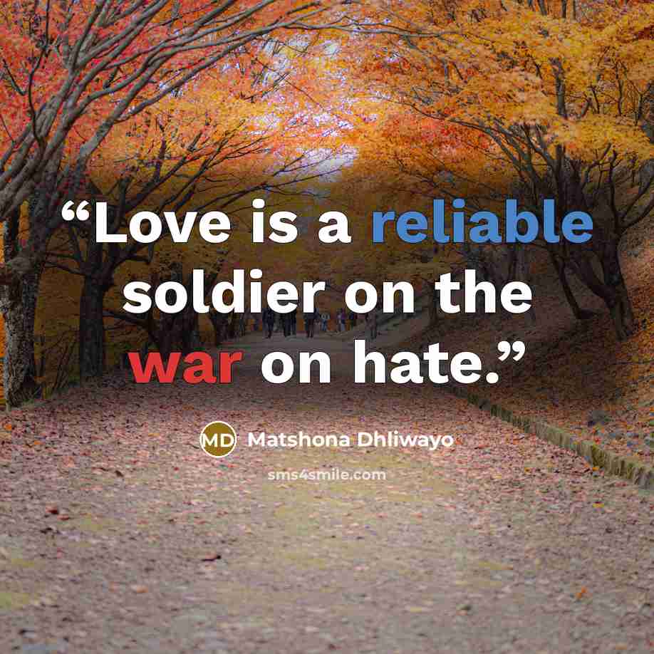 “Love is a reliable soldier on the war on hate.” quote by Matshona Dhliwayo