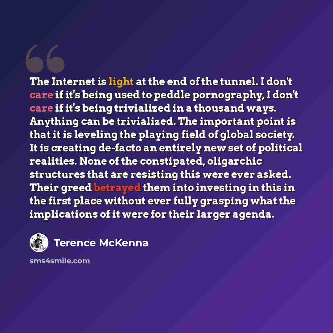 “The Internet is light at the end of the tunnel. I don't care if it's being used to peddle pornography, I don't care if it's being trivialized in a thousand ways. Anything can be trivialized. The important point is that it is leveling the playing field of global society. It is creating de-facto an…” quote by Terence McKenna