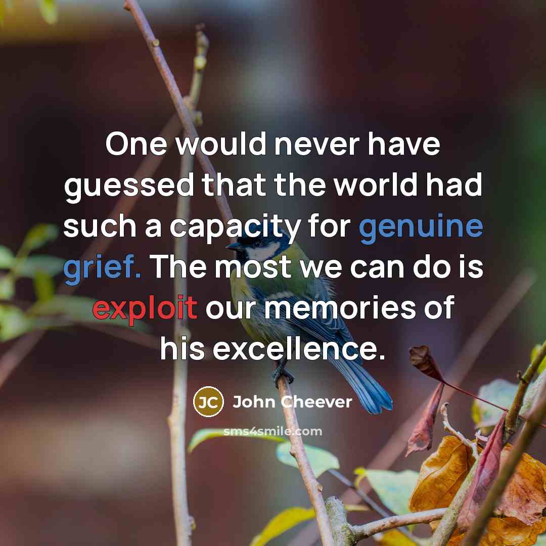 “One would never have guessed that the world had such a capacity for genuine grief. The most we can do is exploit our memories of his excellence.” quote by John Cheever