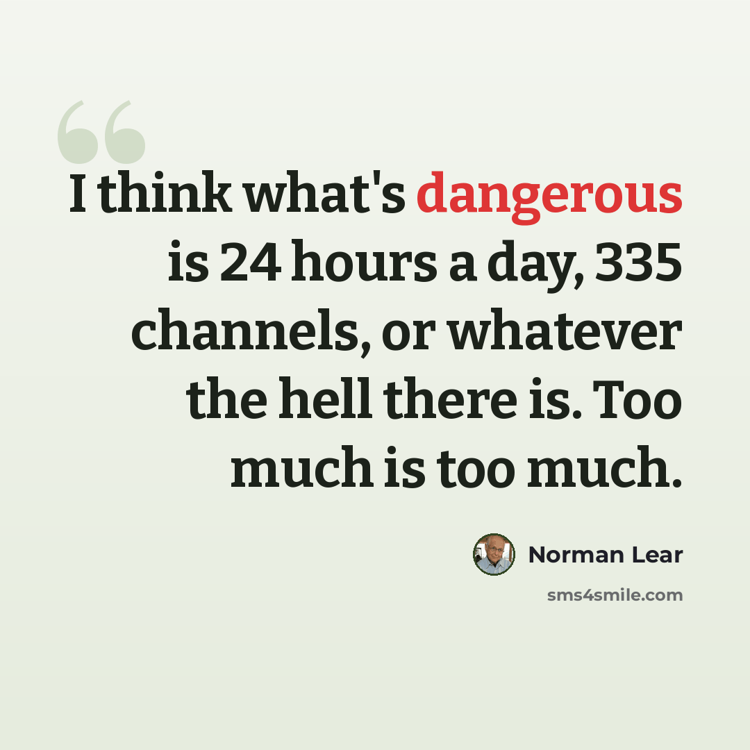 “I think what's dangerous is 24 hours a day, 335 channels, or whatever the hell there is. Too much is too much.” quote by Norman Lear