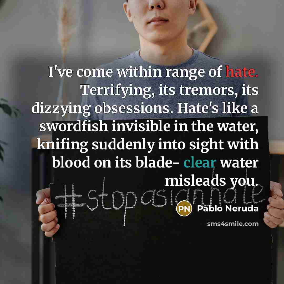 “I've come within range of hate. Terrifying, its tremors, its dizzying obsessions. Hate's like a swordfish invisible in the water, knifing suddenly into sight with blood on its blade- clear water misleads you.” quote by Pablo Neruda