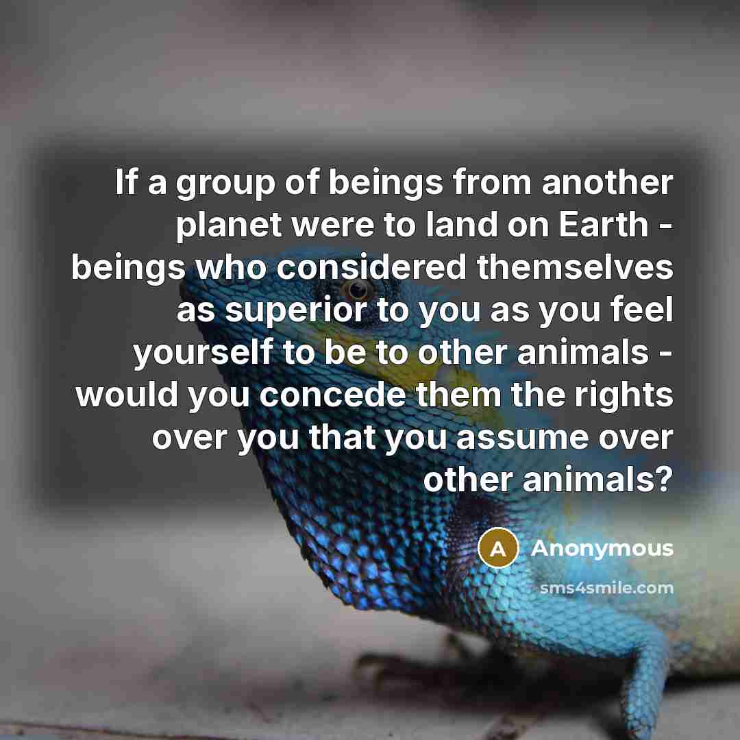 “If a group of beings from another planet were to land on Earth - beings who considered themselves as superior to you as you feel yourself to be to other animals - would you concede them the rights over you that you assume over other animals?” quote by Anonymous