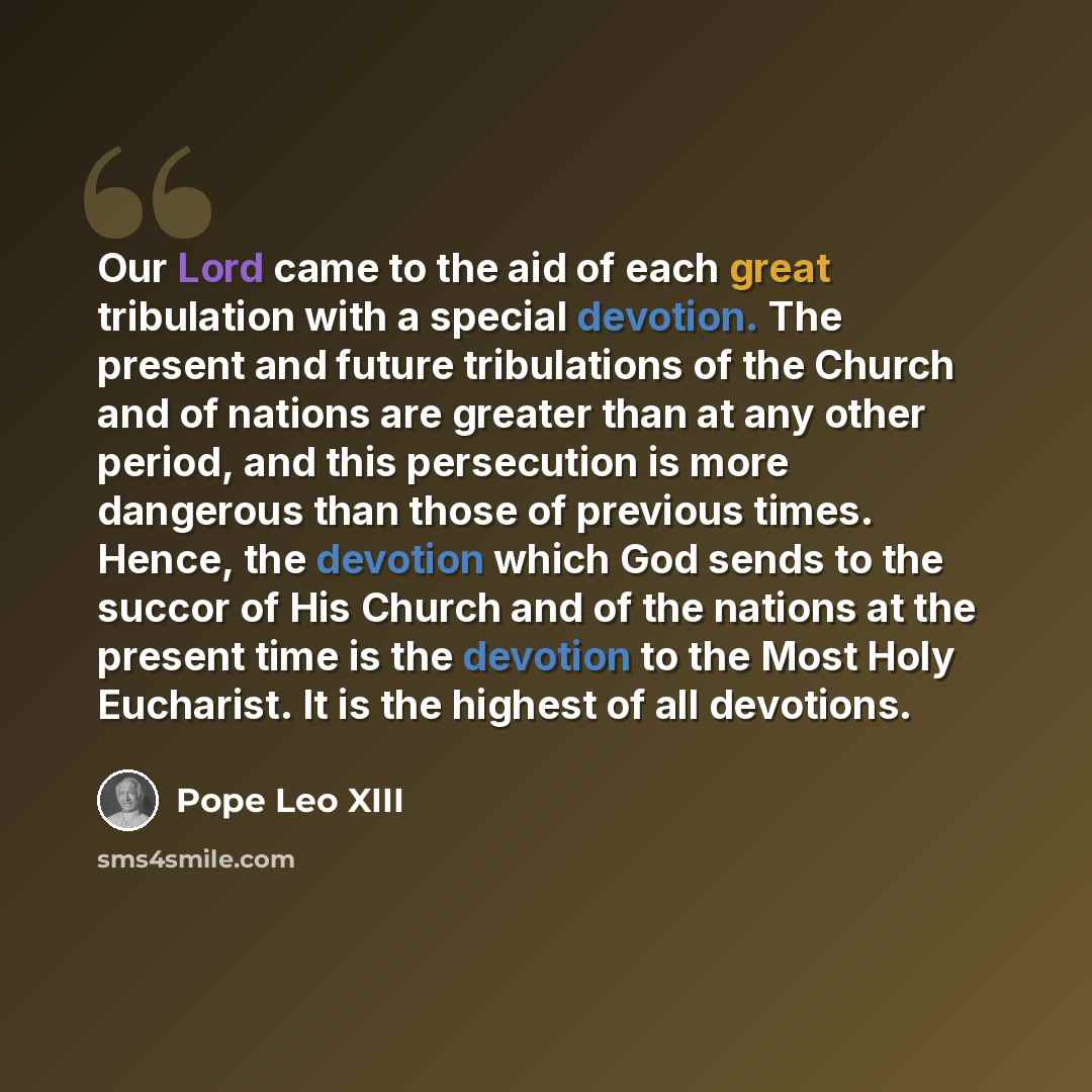 “Our Lord came to the aid of each great tribulation with a special devotion. The present and future tribulations of the Church and of nations are greater than at any other period, and this persecution is more dangerous than those of previous times. Hence, the devotion which God sends to the succor…” quote by Pope Leo XIII