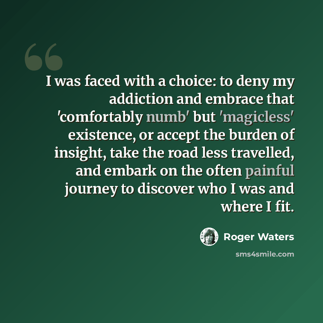 “I was faced with a choice: to deny my addiction and embrace that 'comfortably numb' but 'magicless' existence, or accept the burden of insight, take the road less travelled, and embark on the often painful journey to discover who I was and where I fit.” quote by Roger Waters