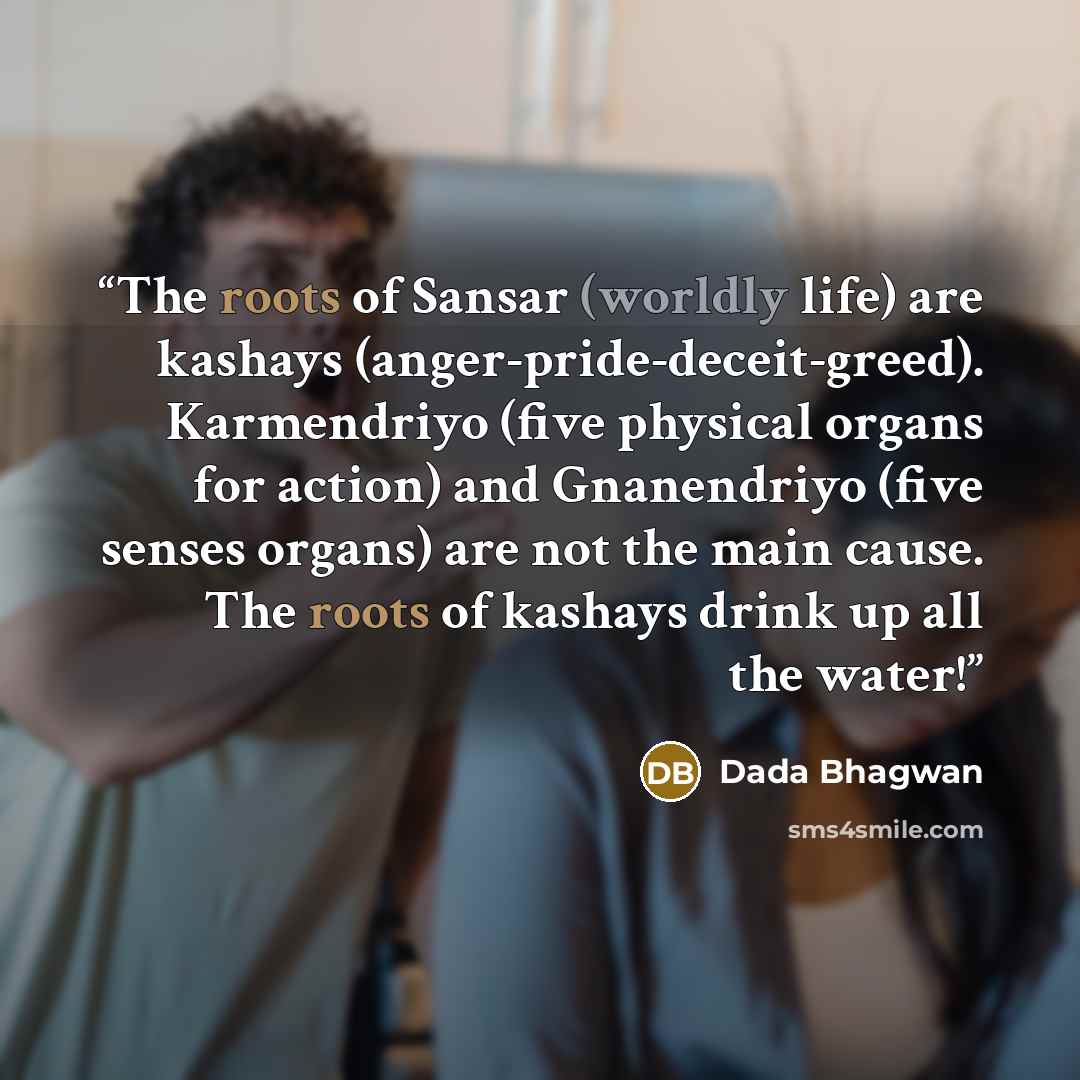 “The roots of Sansar (worldly life) are kashays (anger-pride-deceit-greed). Karmendriyo (five physical organs for action) and Gnanendriyo (five senses organs) are not the main cause. The roots of kashays drink up all the water!” quote by Dada Bhagwan