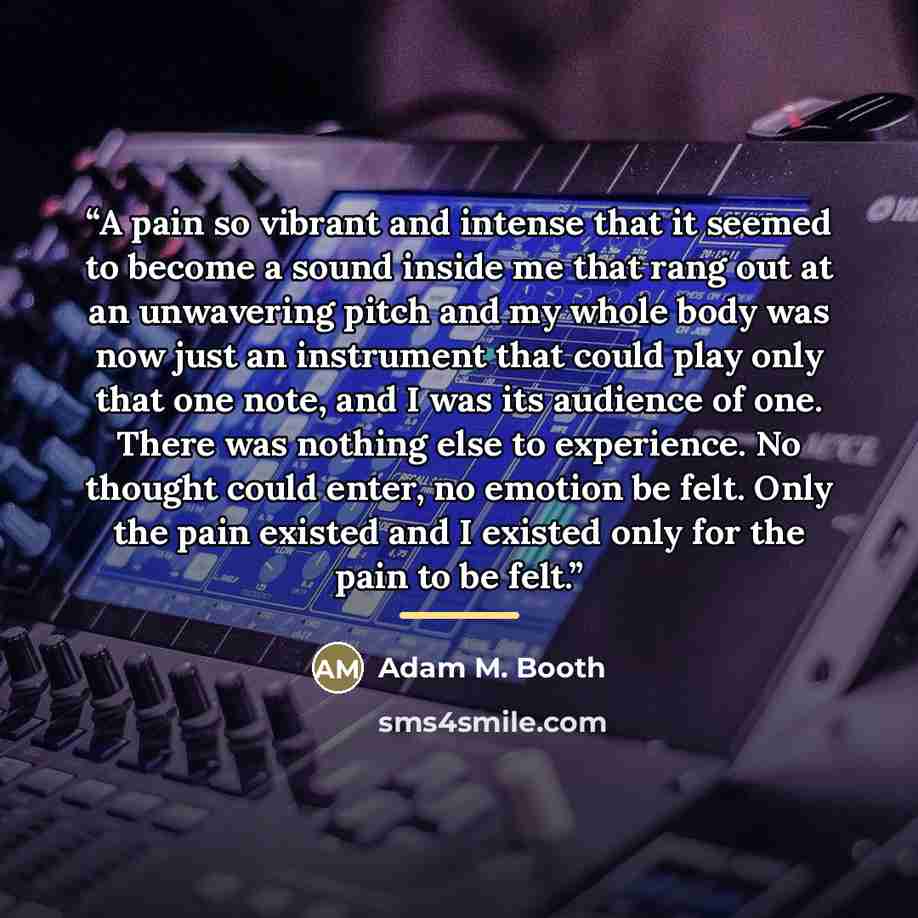“A pain so vibrant and intense that it seemed to become a sound inside me that rang out at an unwavering pitch and my whole body was now just an instrument that could play only that one note, and I was its audience of one. There was nothing else to experience. No thought could enter, no emotion be…” quote by Adam M. Booth