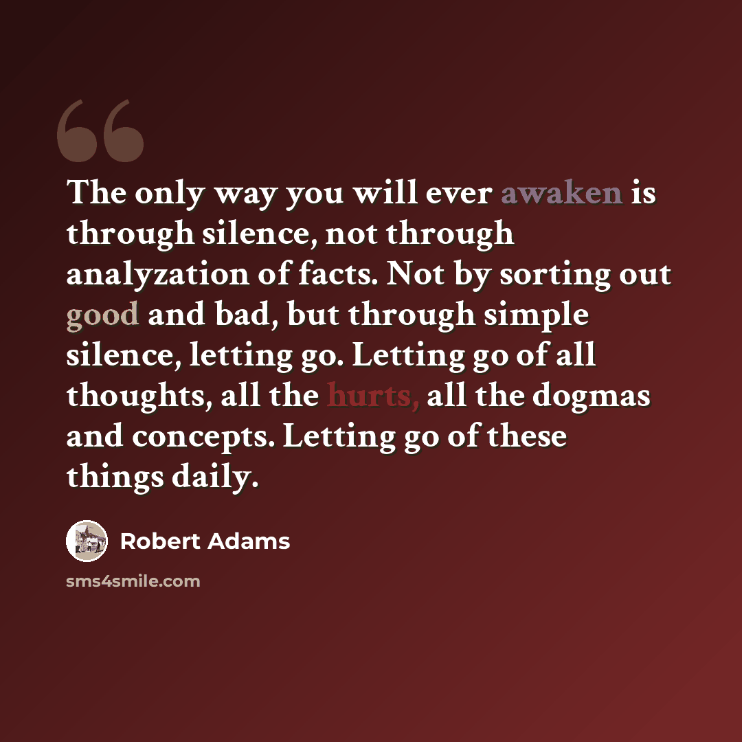 “The only way you will ever awaken is through silence, not through analyzation of facts. Not by sorting out good and bad, but through simple silence, letting go. Letting go of all thoughts, all the hurts, all the dogmas and concepts. Letting go of these things daily.” quote by Robert Adams