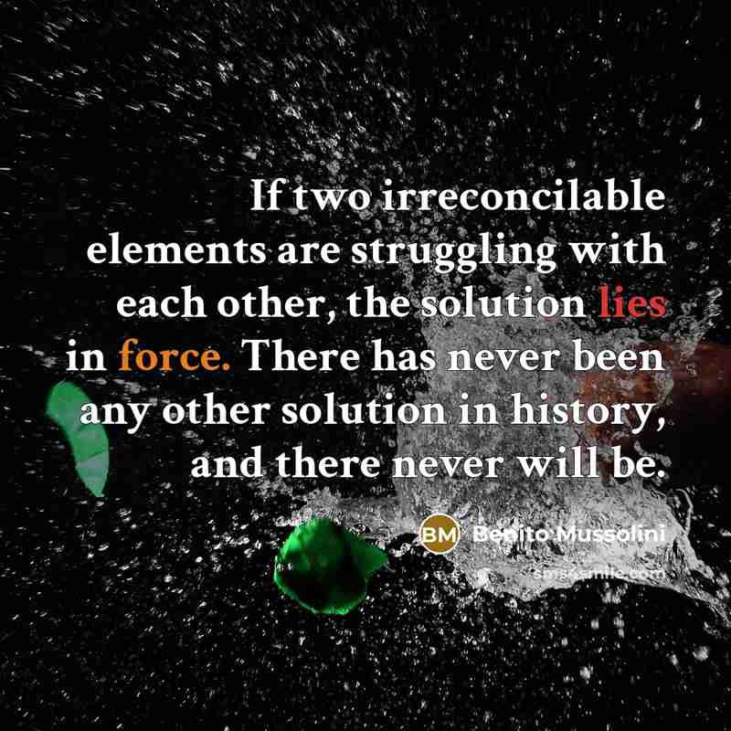“If two irreconcilable elements are struggling with each other, the solution lies in force. There has never been any other solution in history, and there never will be.” quote by Benito Mussolini