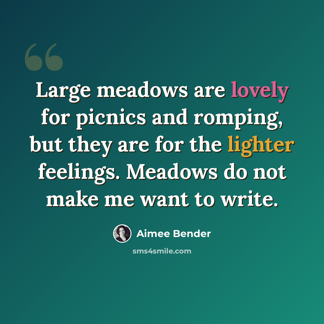 “Large meadows are lovely for picnics and romping, but they are for the lighter feelings. Meadows do not make me want to write.” quote by Aimee Bender