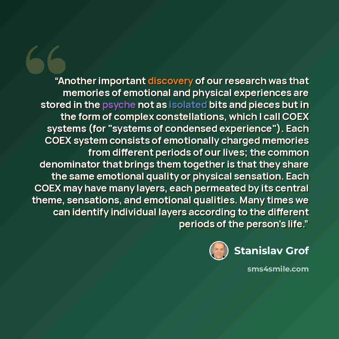 “Another important discovery of our research was that memories of emotional and physical experiences are stored in the psyche not as isolated bits and pieces but in the form of complex constellations, which I call COEX systems (for "systems of condensed experience"). Each COEX system consists of…” quote by Stanislav Grof