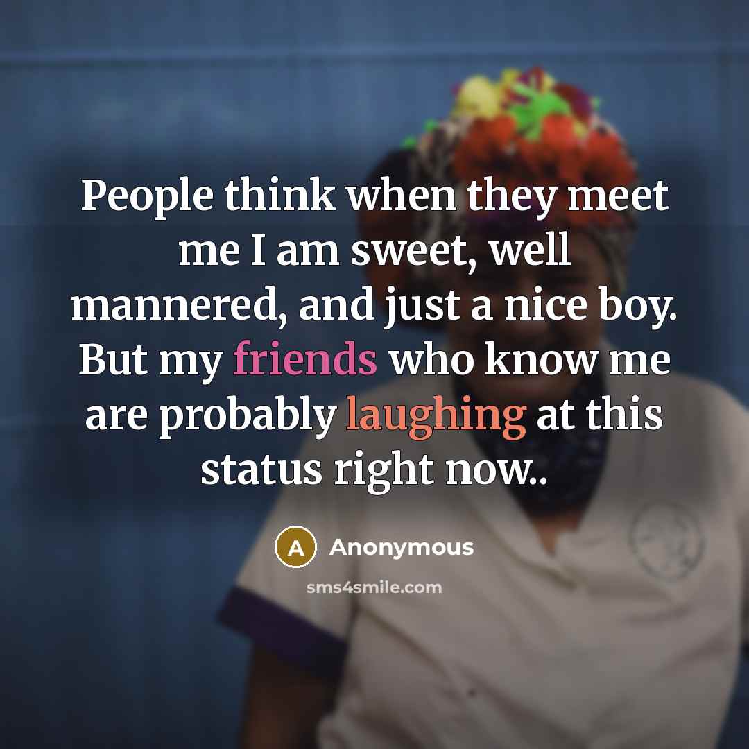“People think when they meet me I am sweet, well mannered, and just a nice boy. But my friends who know me are probably laughing at this status right now..” quote by Anonymous