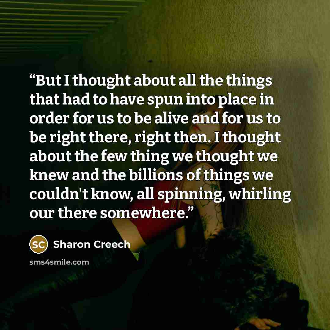 “But I thought about all the things that had to have spun into place in order for us to be alive and for us to be right there, right then. I thought about the few thing we thought we knew and the billions of things we couldn't know, all spinning, whirling our there somewhere.” quote by Sharon Creech
