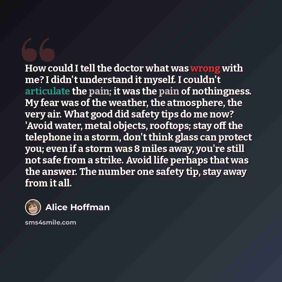 “How could I tell the doctor what was wrong with me? I didn't understand it myself. I couldn't articulate the pain; it was the pain of nothingness. My fear was of the weather, the atmosphere, the very air. What good did safety tips do me now? 'Avoid water, metal objects, rooftops; stay off the…” quote by Alice Hoffman