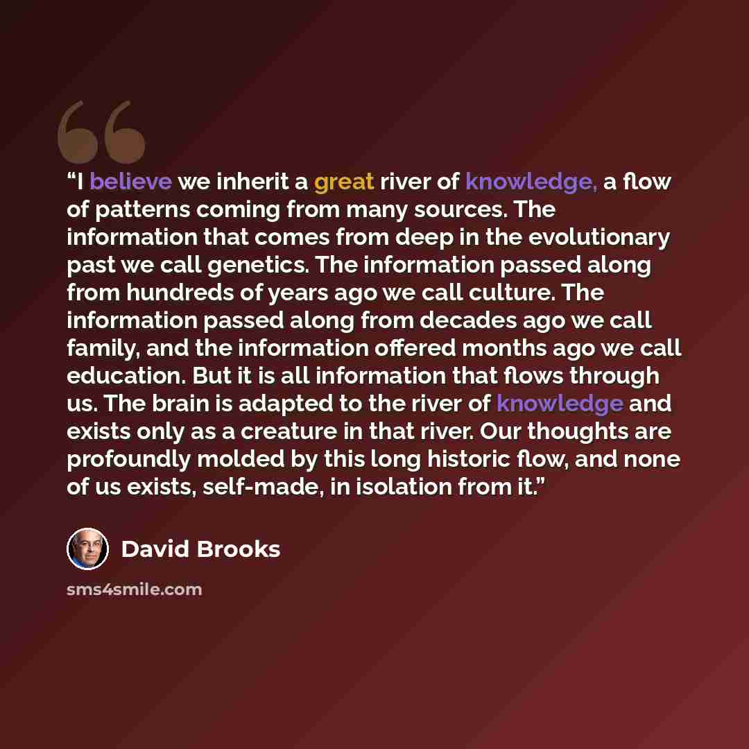 “I believe we inherit a great river of knowledge, a flow of patterns coming from many sources. The information that comes from deep in the evolutionary past we call genetics. The information passed along from hundreds of years ago we call culture. The information passed along from decades ago we…” quote by David Brooks