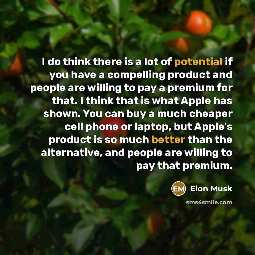 “I do think there is a lot of potential if you have a compelling product and people are willing to pay a premium for that. I think that is what Apple has shown. You can buy a much cheaper cell phone or laptop, but Apple's product is so much better than the alternative, and people are willing to pay…” quote by Elon Musk