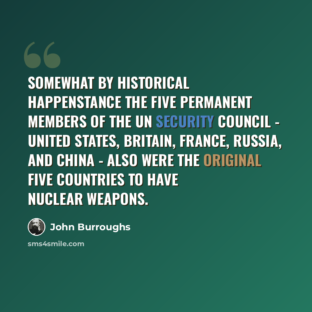 “Somewhat by historical happenstance the five permanent members of the UN Security Council - United States, Britain, France, Russia, and China - also were the original five countries to have nuclear weapons.” quote by John Burroughs