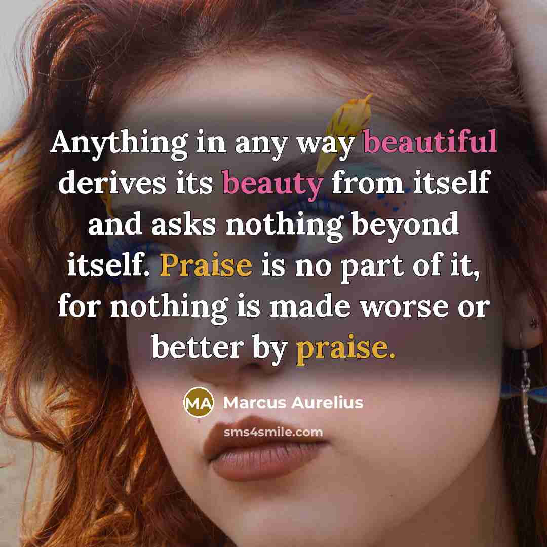 “Anything in any way beautiful derives its beauty from itself and asks nothing beyond itself. Praise is no part of it, for nothing is made worse or better by praise.” quote by Marcus Aurelius