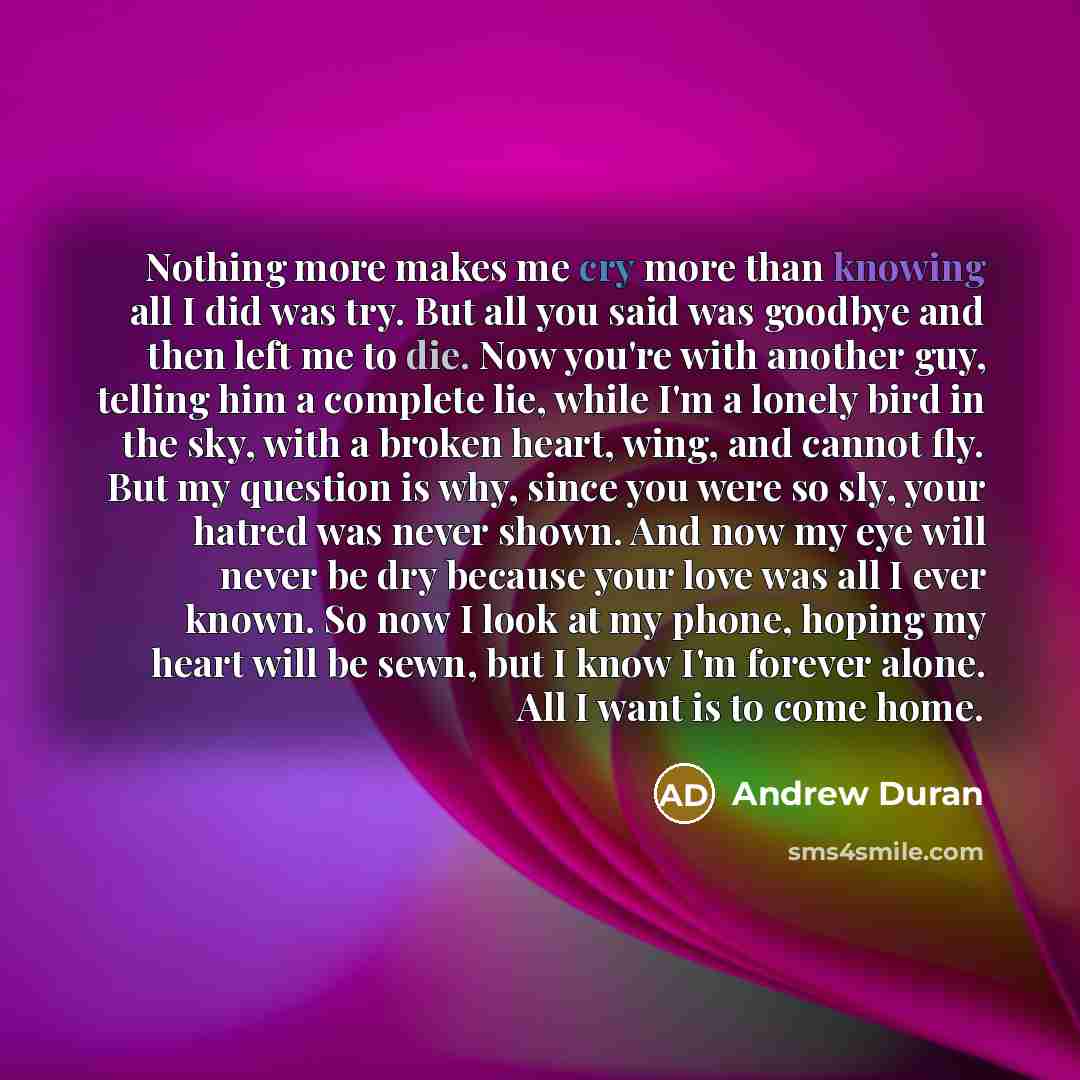 “Nothing more makes me cry more than knowing all I did was try. But all you said was goodbye and then left me to die. Now you're with another guy, telling him a complete lie, while I'm a lonely bird in the sky, with a broken heart, wing, and cannot fly. But my question is why, since you were so…” quote by Andrew Duran