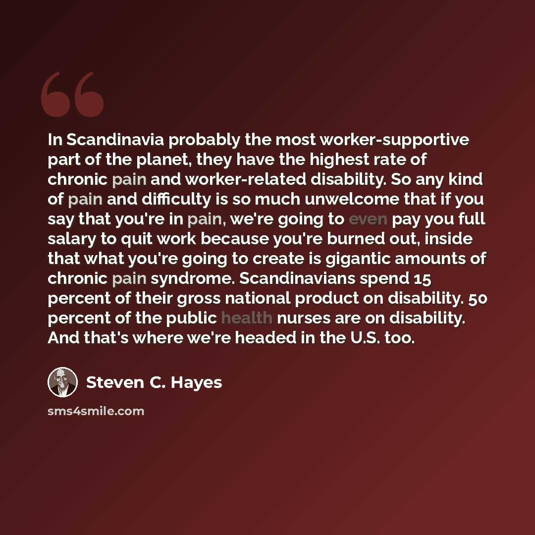 “In Scandinavia probably the most worker-supportive part of the planet, they have the highest rate of chronic pain and worker-related disability. So any kind of pain and difficulty is so much unwelcome that if you say that you're in pain, we're going to even pay you full salary to quit work because…” quote by Steven C. Hayes
