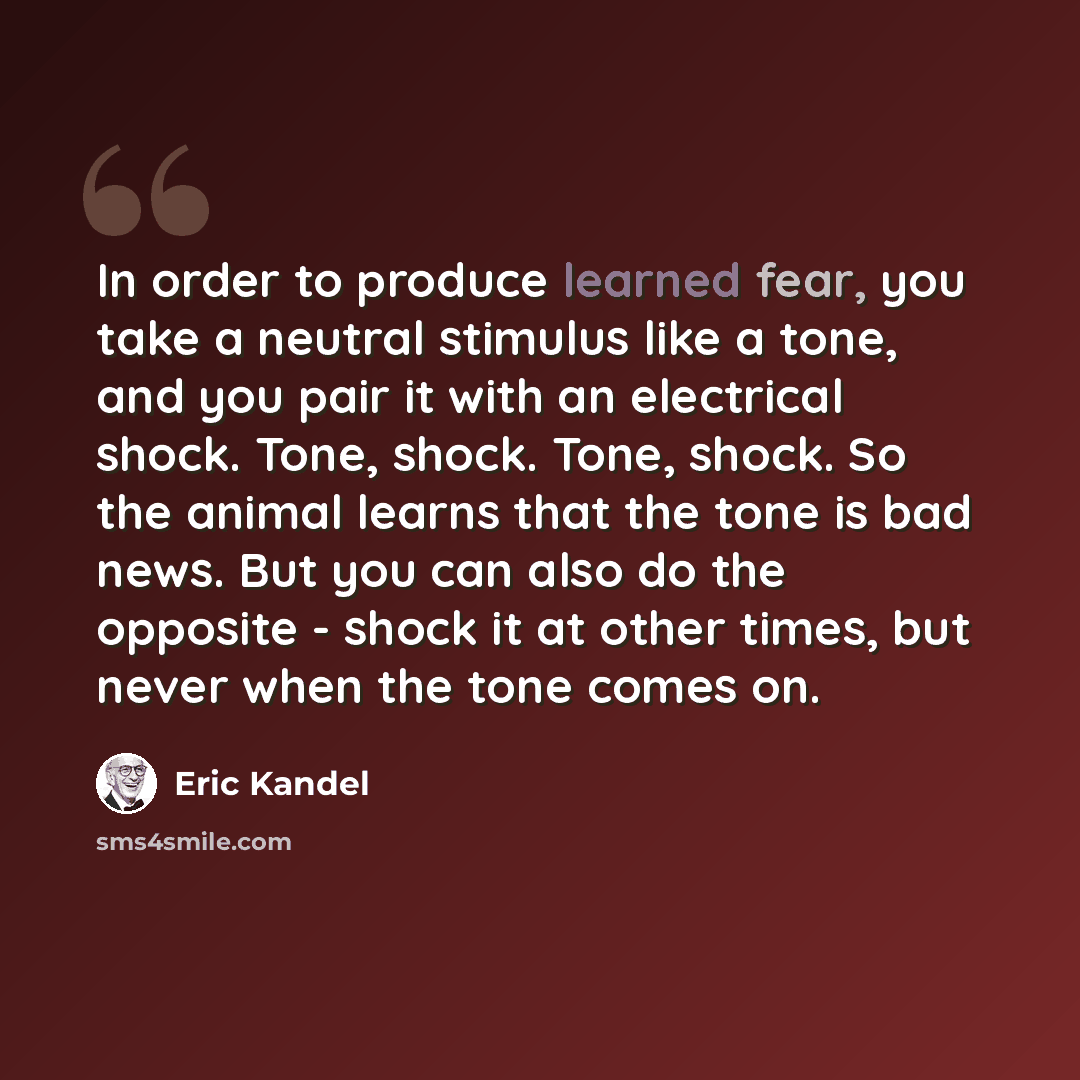 “In order to produce learned fear, you take a neutral stimulus like a tone, and you pair it with an electrical shock. Tone, shock. Tone, shock. So the animal learns that the tone is bad news. But you can also do the opposite - shock it at other times, but never when the tone comes on.” quote by Eric Kandel